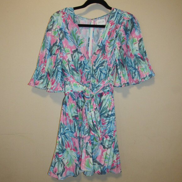 SAYLOR Byrd Miami Tropical Blue Pink Floral Micro Pleat Mini Dress sz Small - Picture 2 of 6